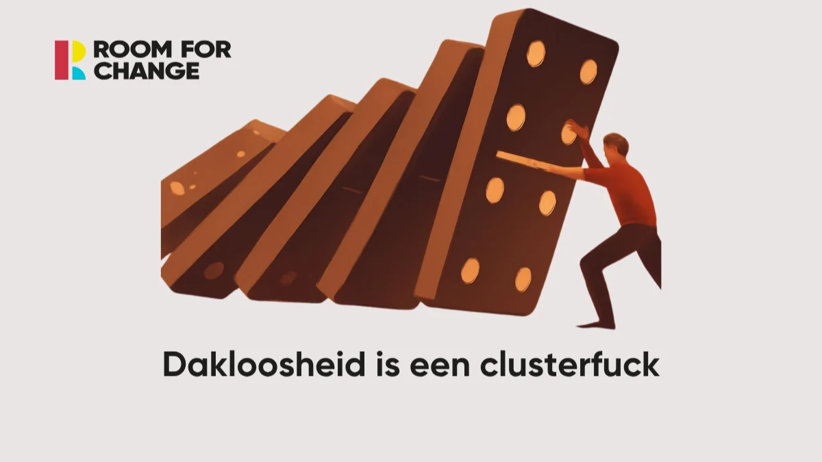 Illustratie: iemand houdt een rij omvallende dominostenen tegen, met de tekst ‘Dakloosheid is een clusterfuck’