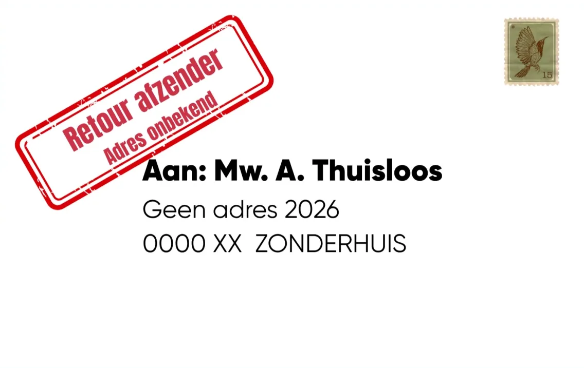 Envelop met een stempel ‘Retour afzender, adres onbekend’, geadresseerd aan Mw. A. Thuisloos
